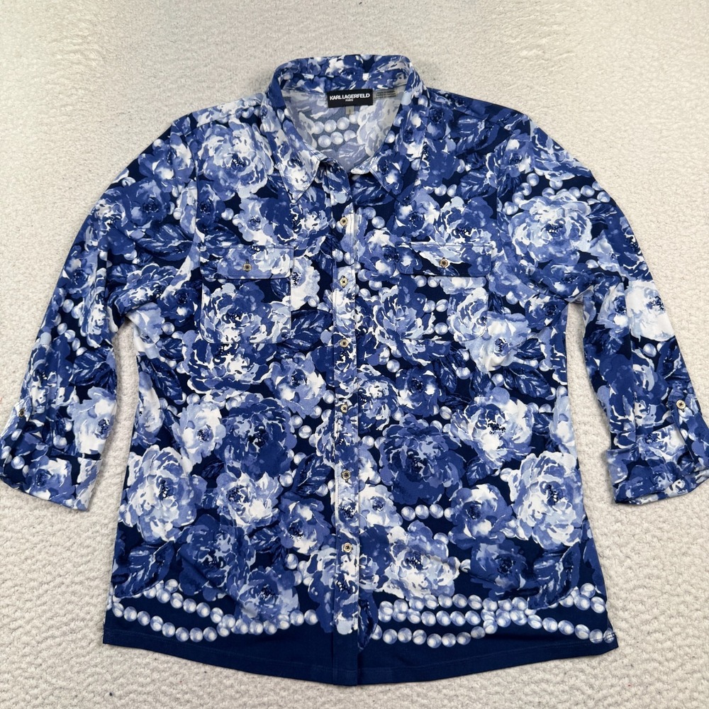 Karl Lagerfeld Blouse Women's L Blue Floral Button Up 3/4 Cuffed Sleeve Stretchy